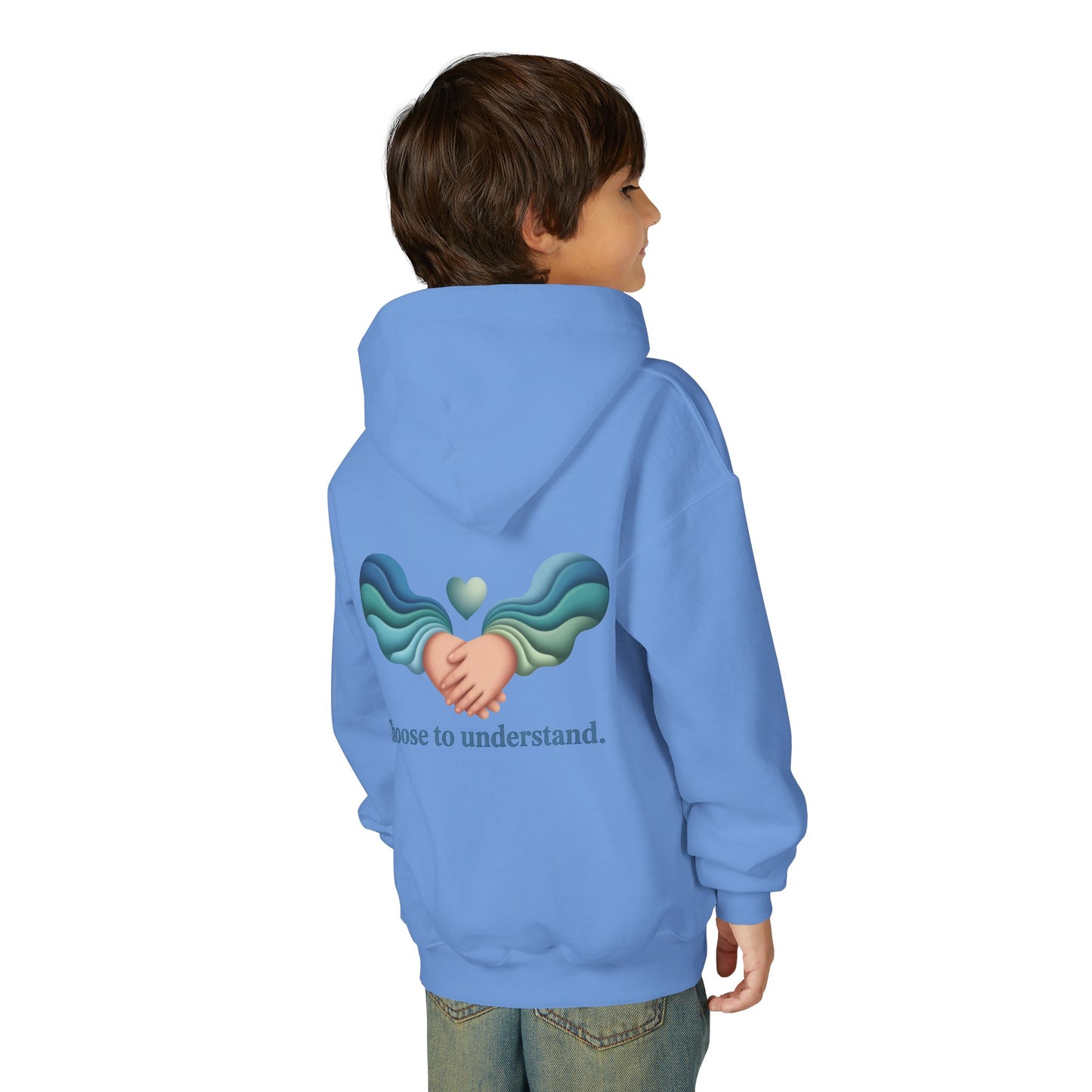 Kids Unisex Hoodie — “Choose to Understand” Wave Graphic | Soft Blue-Teal Empathy Design by Sensory Rise