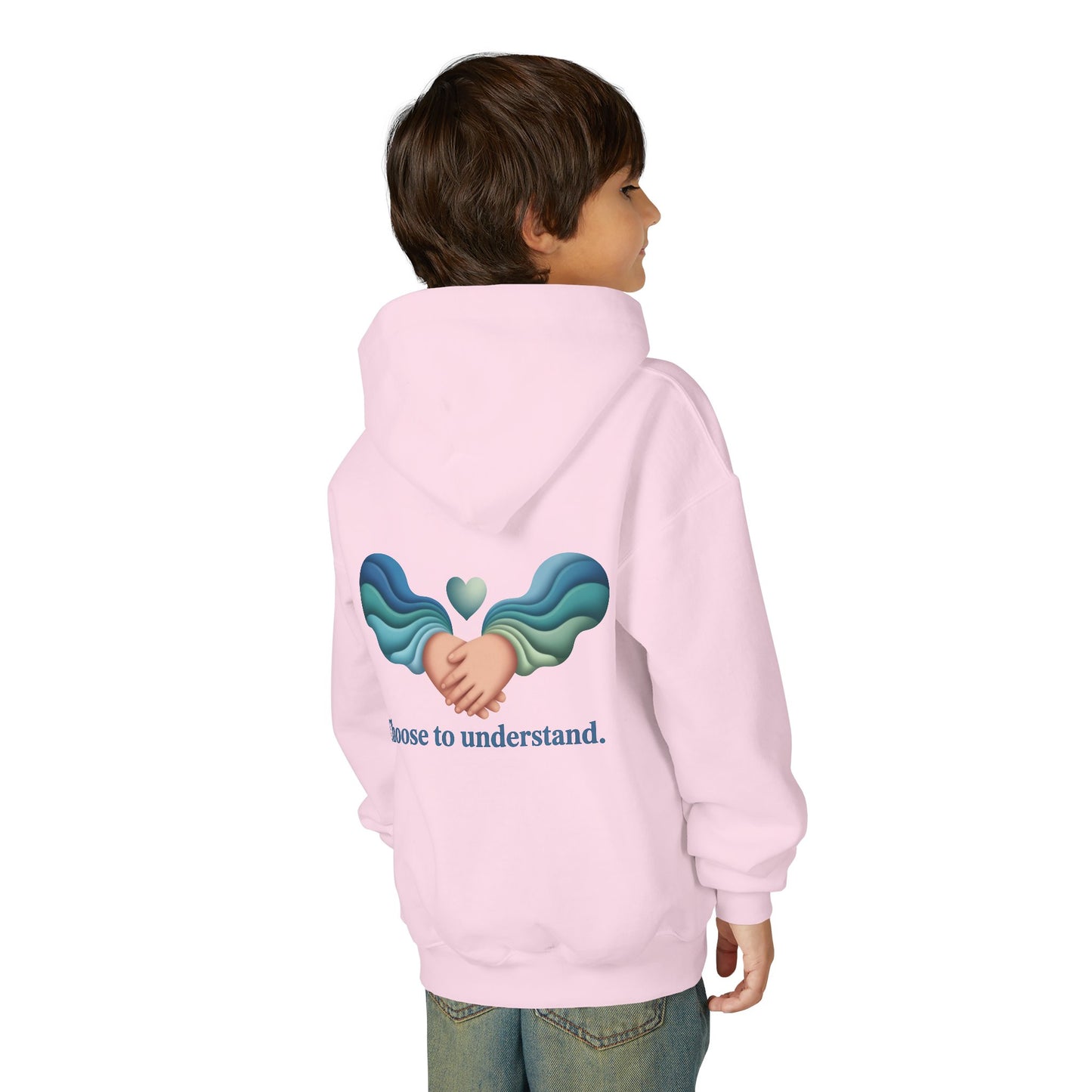 Kids Unisex Hoodie — “Choose to Understand” Wave Graphic | Soft Blue-Teal Empathy Design by Sensory Rise