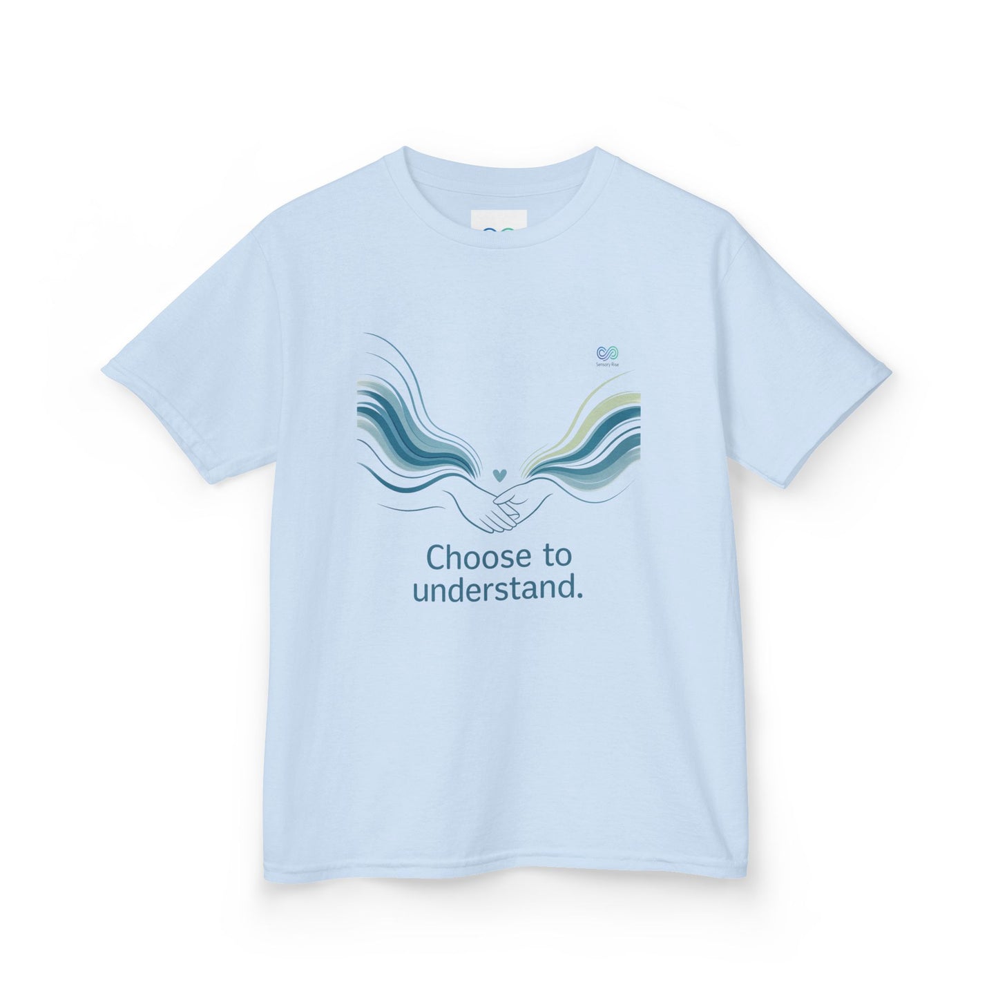 Kids Unisex Tee — “Choose to Understand” Wave Graphic | Soft Blue-Teal Awareness Design by Sensory Rise