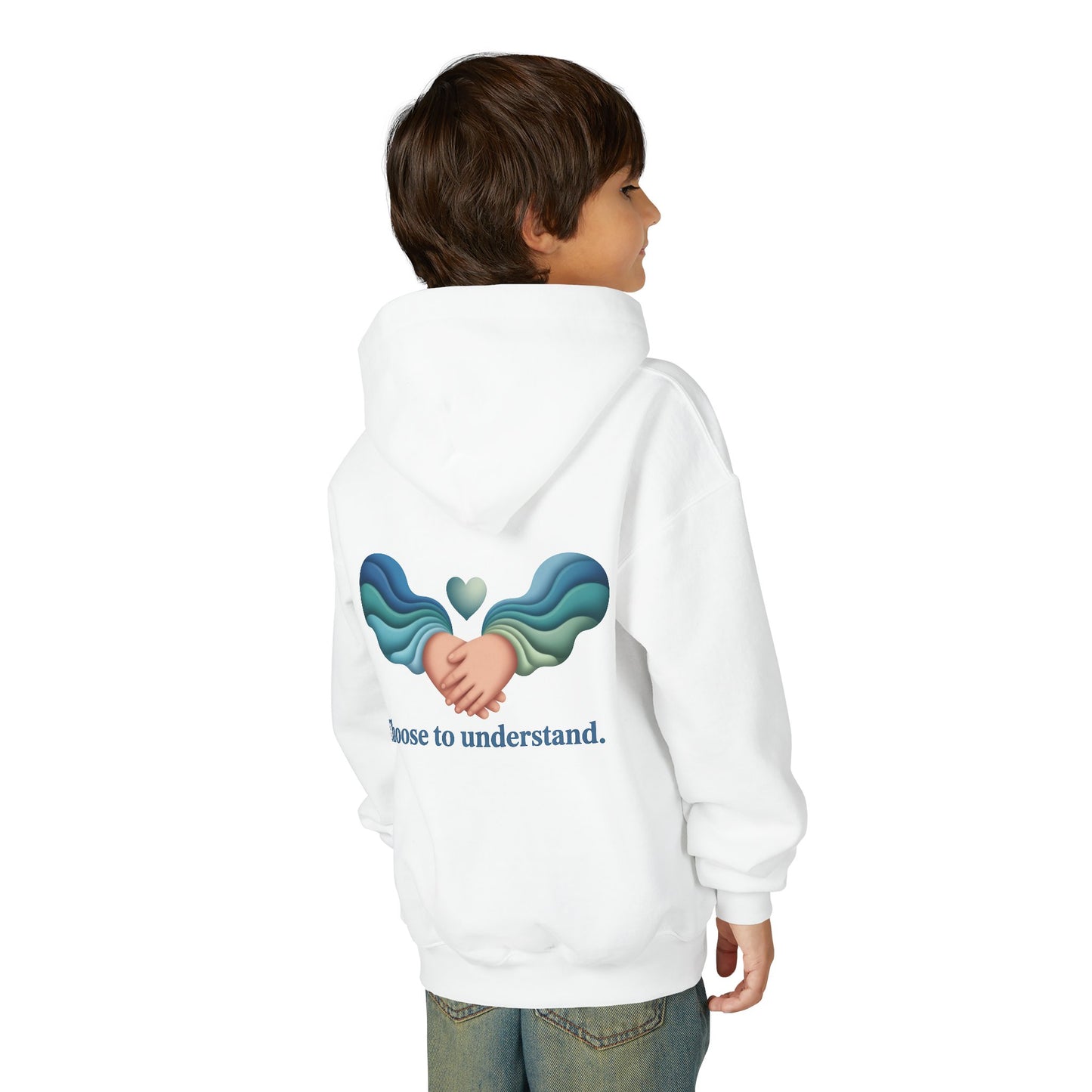 Kids Unisex Hoodie — “Choose to Understand” Wave Graphic | Soft Blue-Teal Empathy Design by Sensory Rise